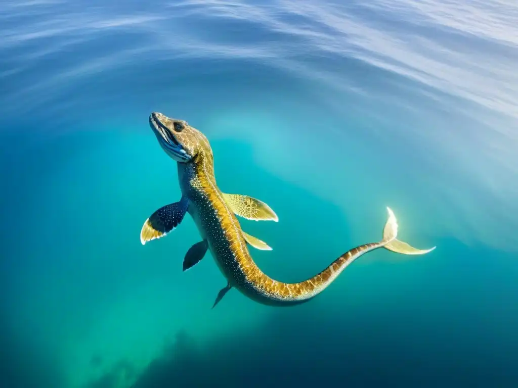 Una majestuosa serpiente marina, con escamas iridiscentes que brillan bajo el sol, se desliza grácilmente por las cristalinas aguas de los Siete Mares