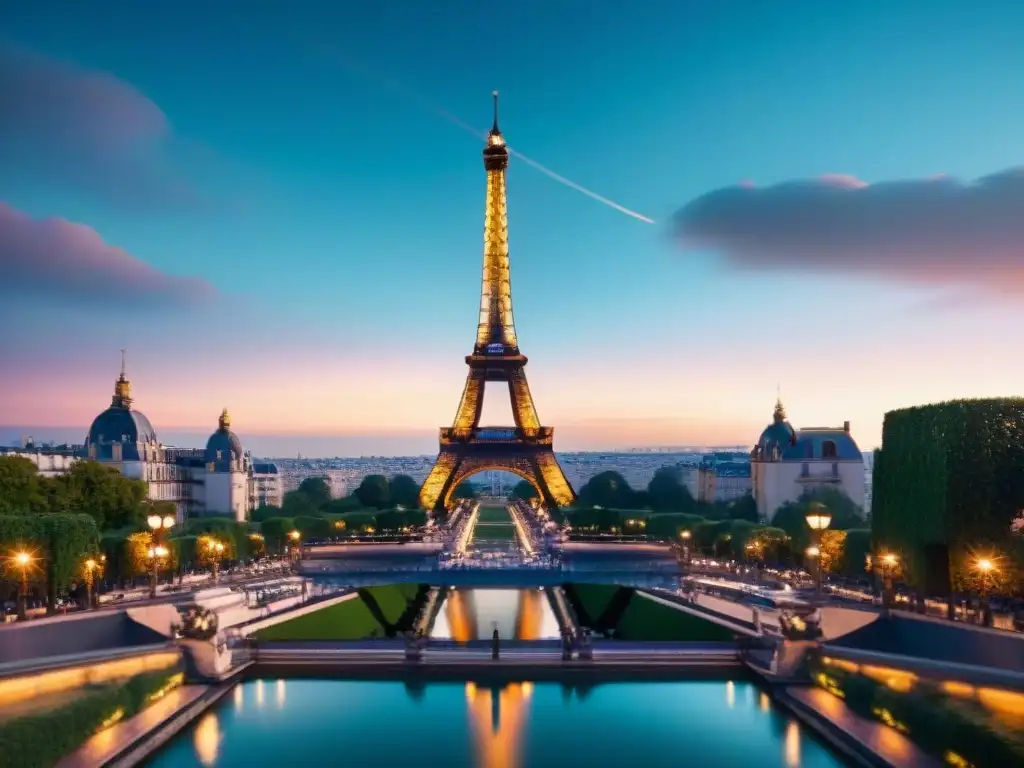 La majestuosa silueta de la icónica Torre Eiffel al atardecer, con un filtro onírico que evoca los secretos detrás de Inception París