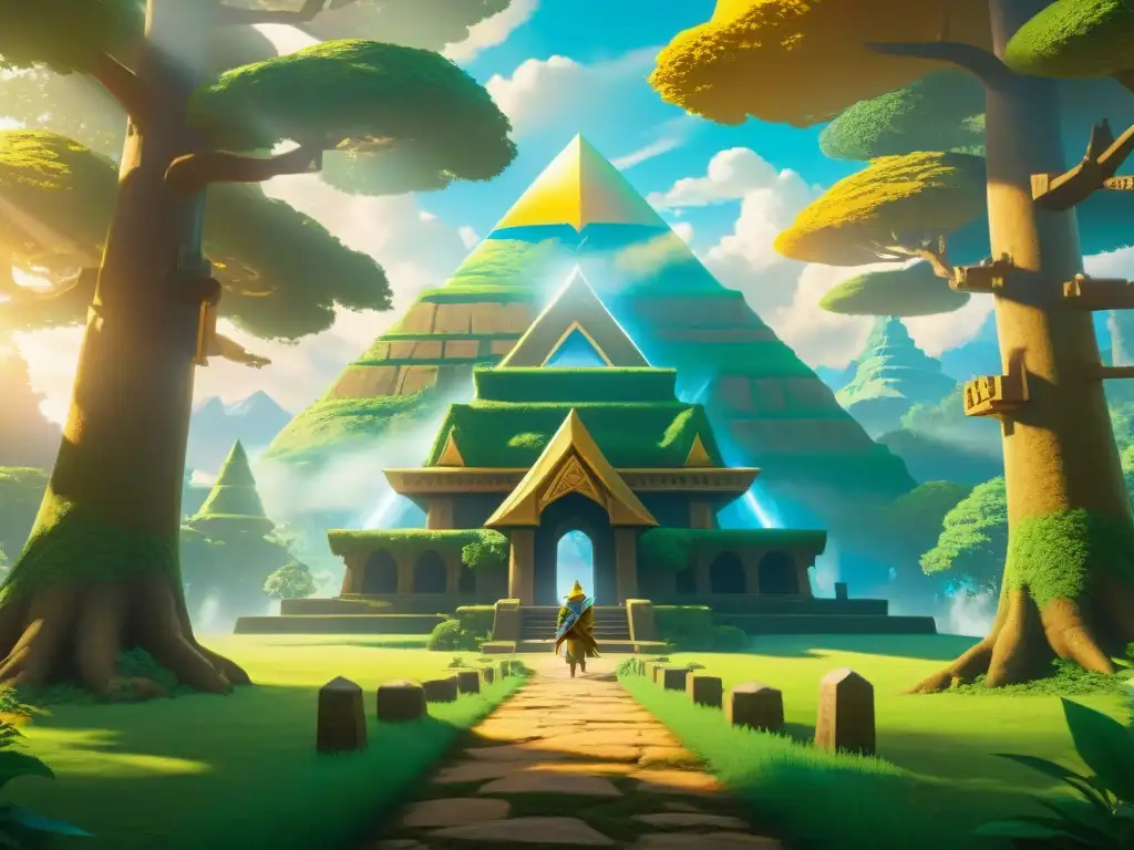 Una majestuosa ilustración de un templo en Hyrule, con el símbolo de la Trifuerza brillando