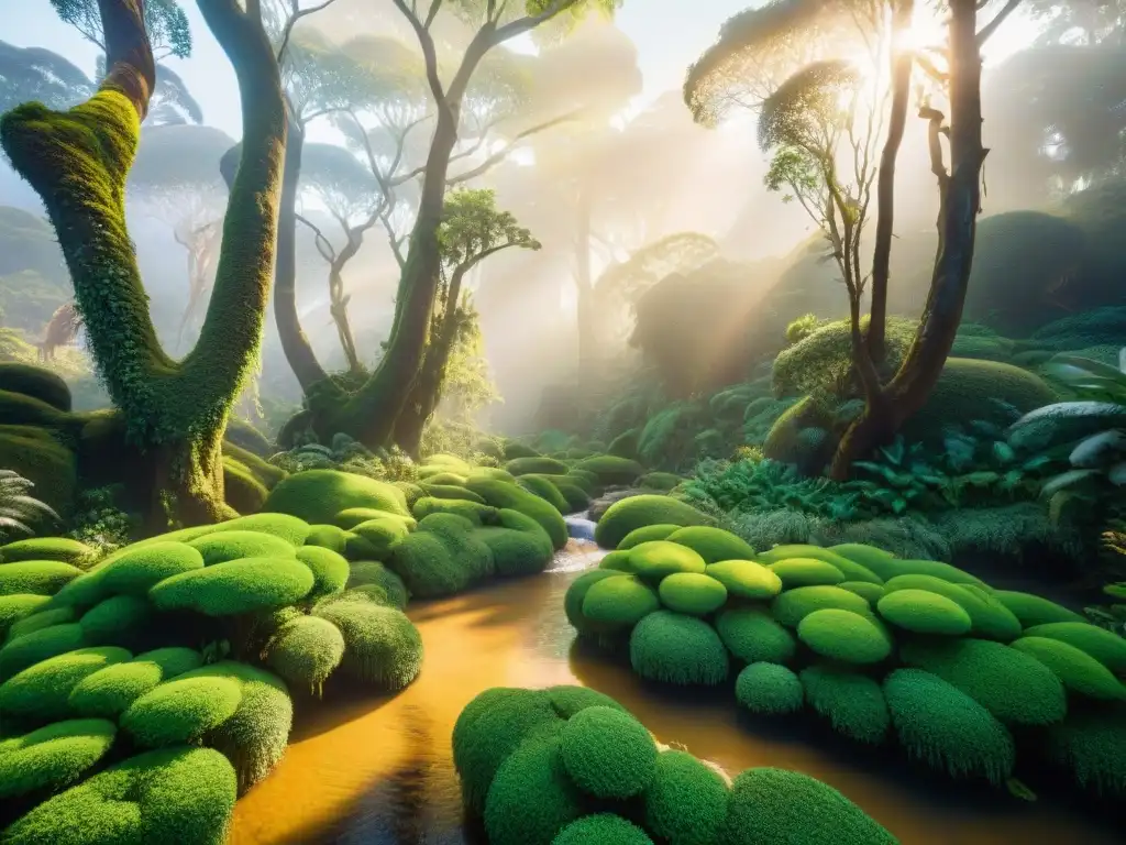 Majestuosa geografía de Tierra Oz: bosques vibrantes, ríos brillantes bajo el sol dorado, esencia de misterio y belleza natural