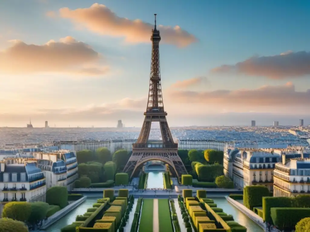 La majestuosa Torre Eiffel al atardecer en París, con una cálida luz dorada iluminando la ciudad