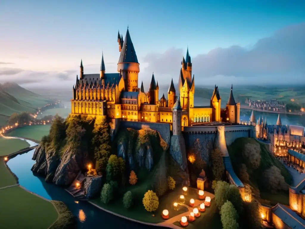 Majestuosa vista aérea del castillo de Hogwarts de noche, iluminado por velas flotantes, con emblemas de las Casas brillando en colores distintivos