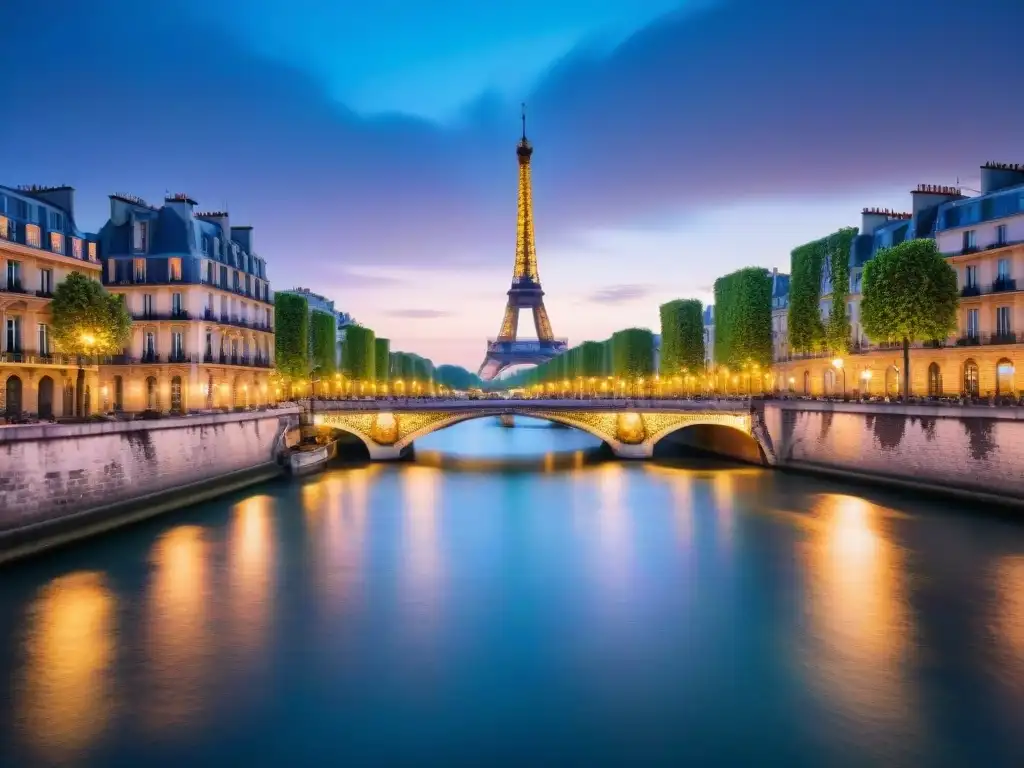 Majestuosa vista de París al anochecer con la Torre Eiffel iluminada, en las calles empedradas se esconden secretos detrás de Inception París