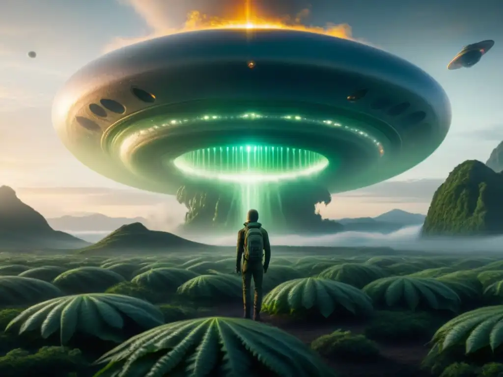 Majestuosas criaturas alienígenas de Arrival comunicándose en un paisaje nebuloso y enigmático, destacando su biología única