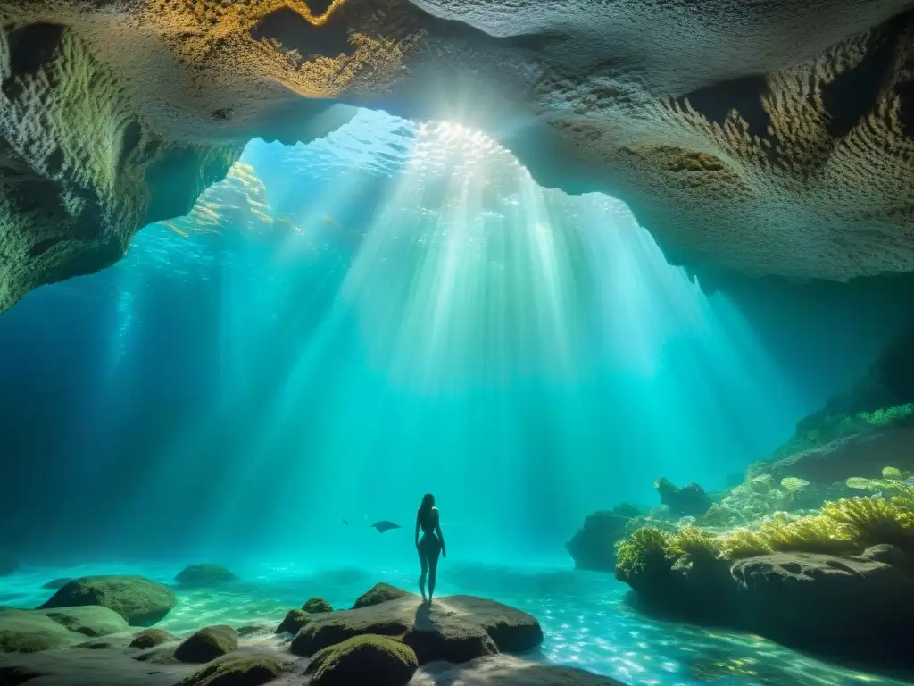 Majestuosas sirenas en cueva submarina, rodeadas de plantas bioluminiscentes