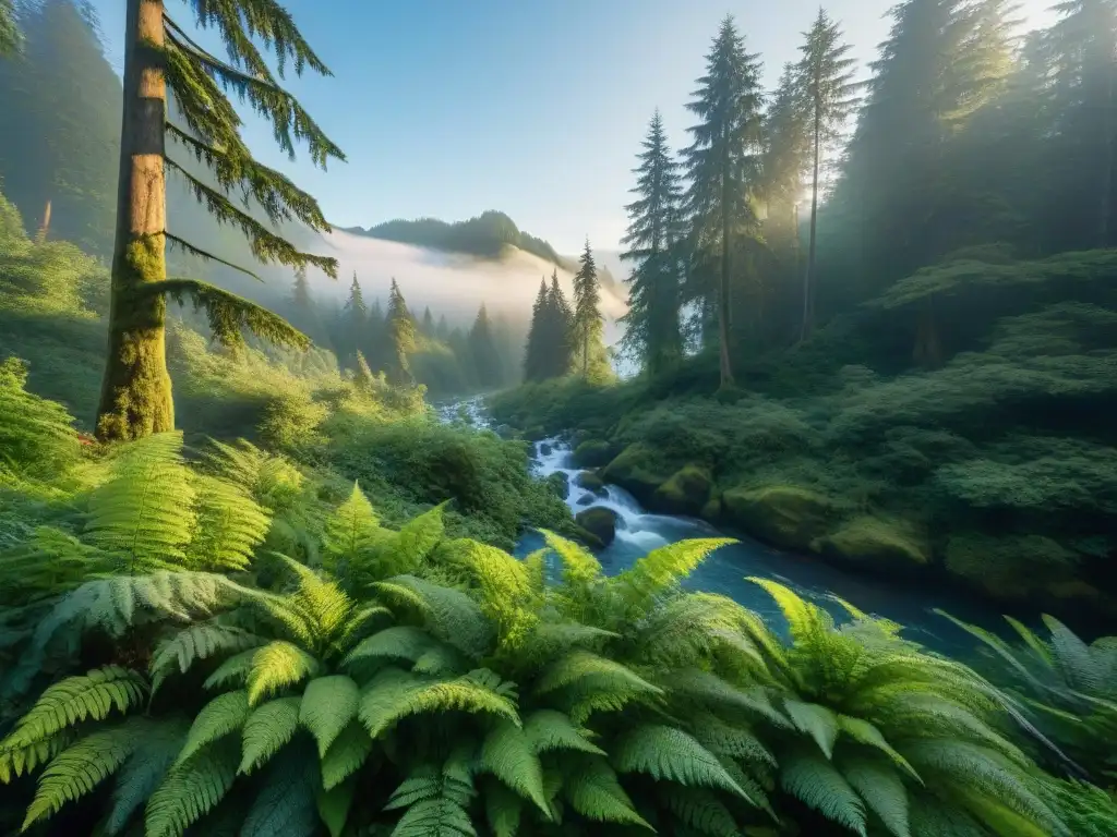 La majestuosidad de los bosques de Vancouver, Canadá, donde la exuberante vegetación se entrelaza con árboles imponentes bajo un cielo azul