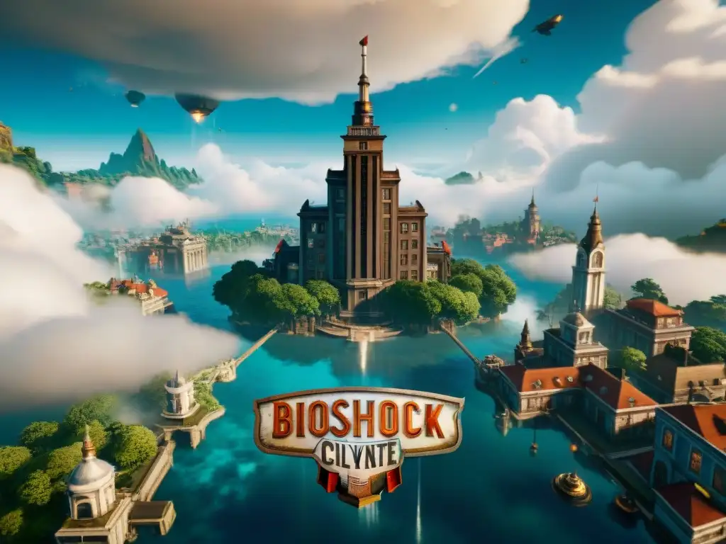 La majestuosidad de la ciudad flotante de Columbia en Bioshock Infinite, con su arquitectura grandiosa y detalles steampunk