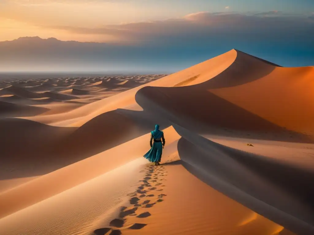 La majestuosidad del desierto de Arrakis al atardecer, con guerreros Fremen y arquitectura futurista