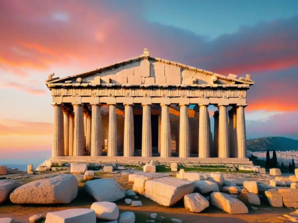 La majestuosidad del Partenón en Atenas, Grecia, iluminado por el sol poniente