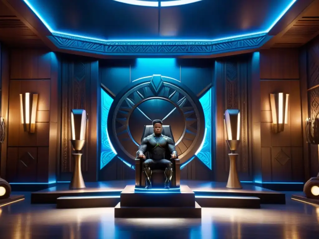 La majestuosidad de la sala del trono en Wakanda fusiona tecnología y tradición en un ambiente cinematográfico único