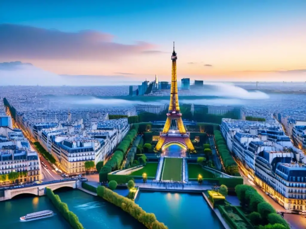 La majestuosidad de París al anochecer, con la Torre Eiffel iluminada y el río Sena reflejando las luces de la ciudad