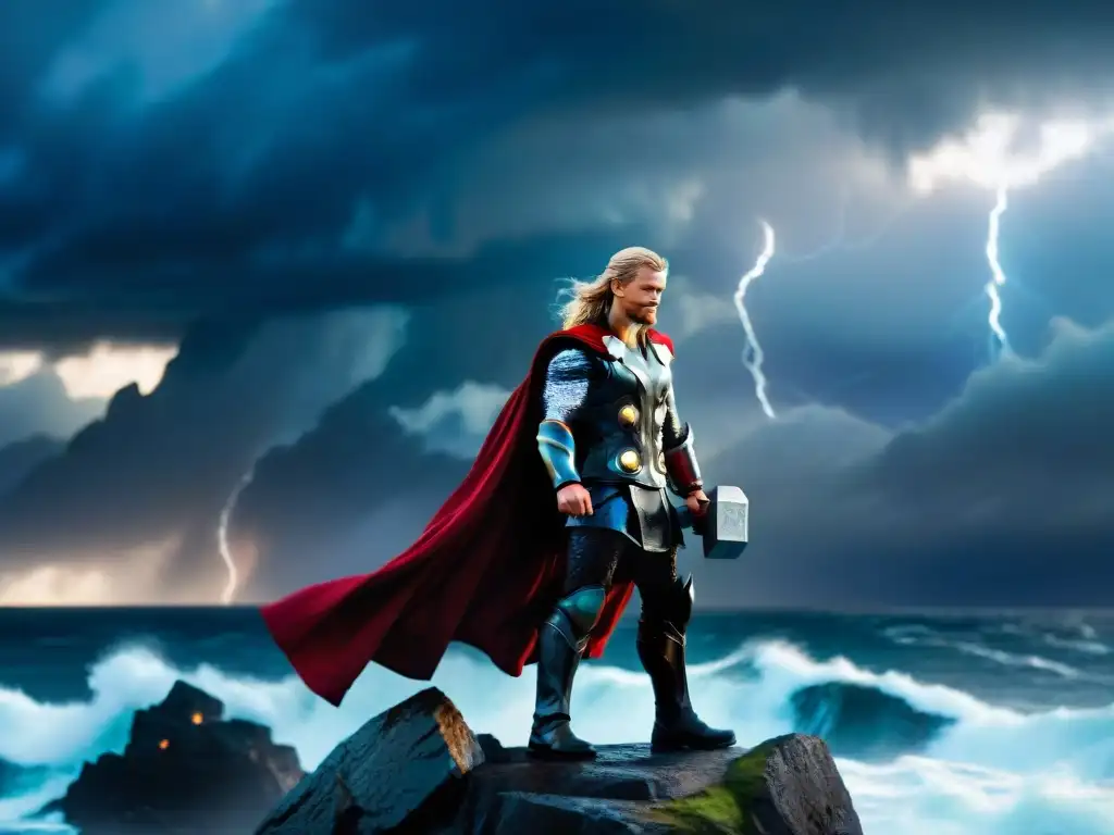 Thor, majestuoso en un acantilado con Mjölnir, frente a un mar tormentoso