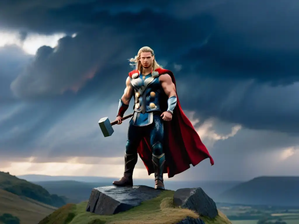 Thor se alza majestuoso en un acantilado, con su martillo Mjölnir, observando un paisaje dramático