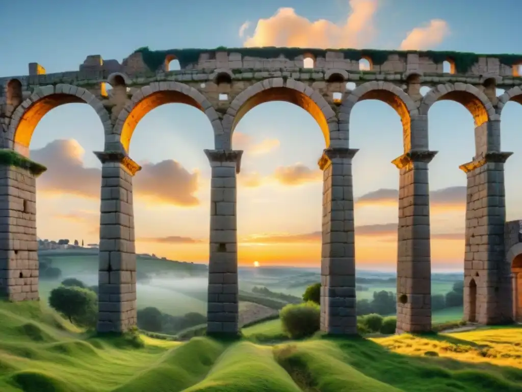 Majestuoso acueducto romano en paisaje verde bajo el atardecer dorado, destaca tecnologías perdidas antiguas civilizaciones