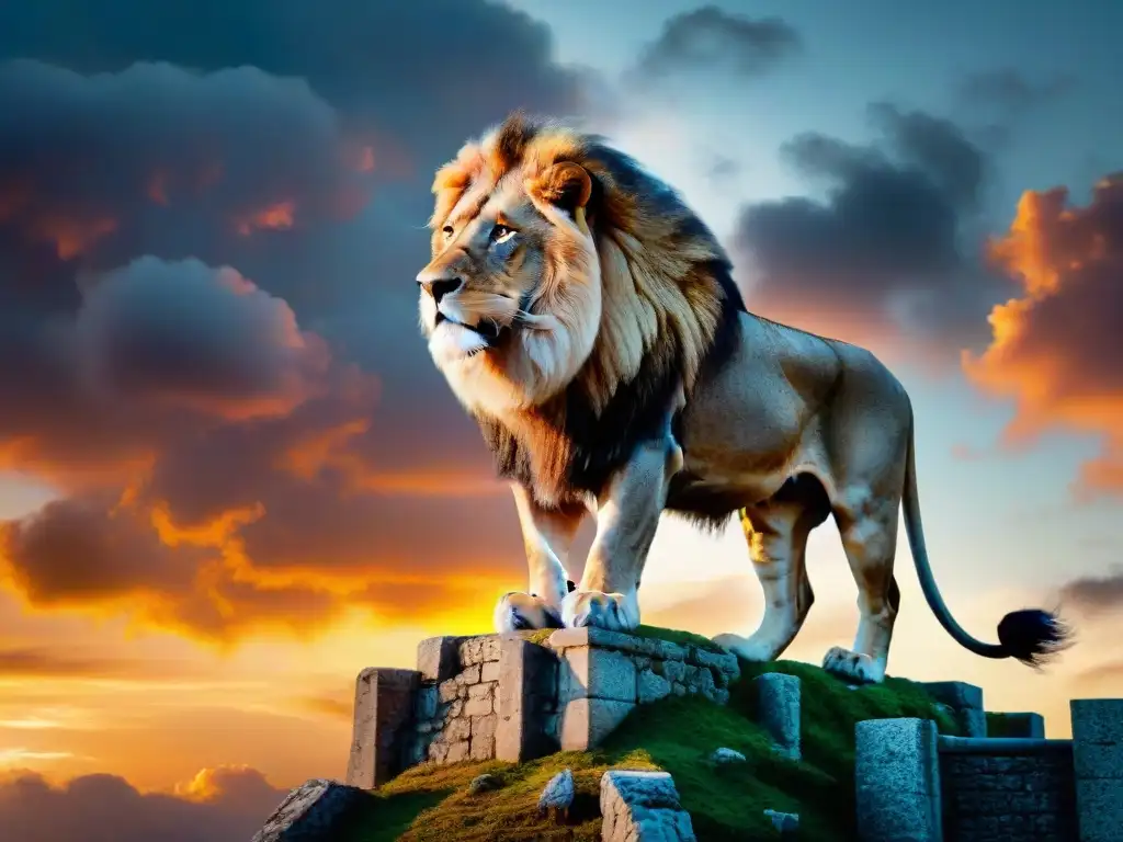 Un león majestuoso en lo alto de un castillo en ruinas al atardecer, simbolizando poder y caída política de Narnia