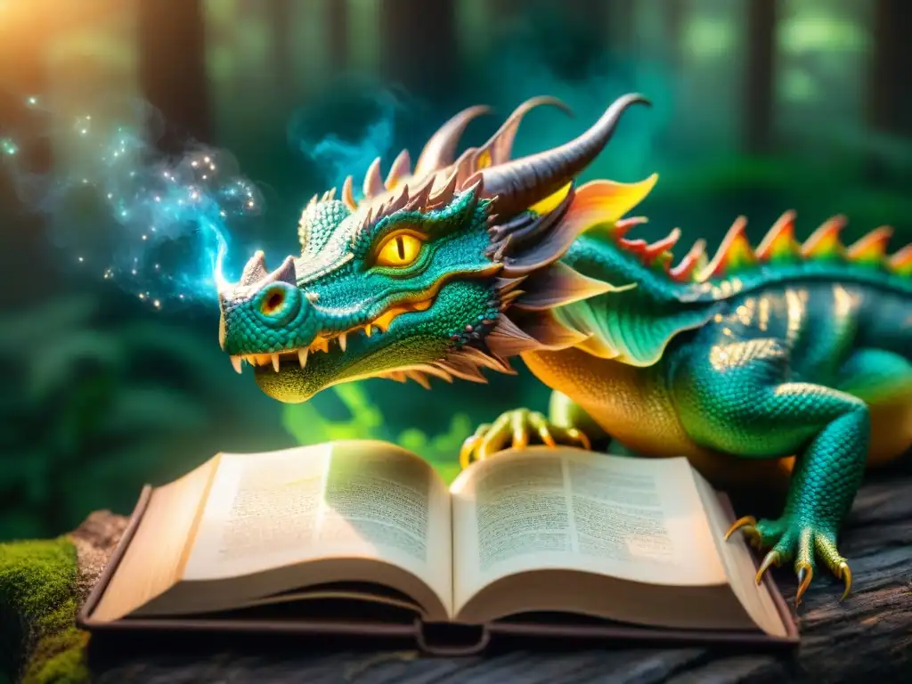 Un majestuoso dragón protege un antiguo libro en un bosque encantado