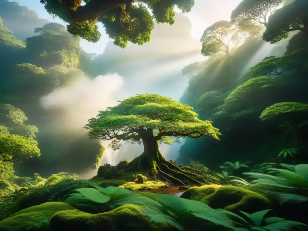 Un majestuoso árbol antiguo con raíces extendidas que se adentran en la tierra, rodeado de un exuberante bosque lleno de flora y fauna vibrante