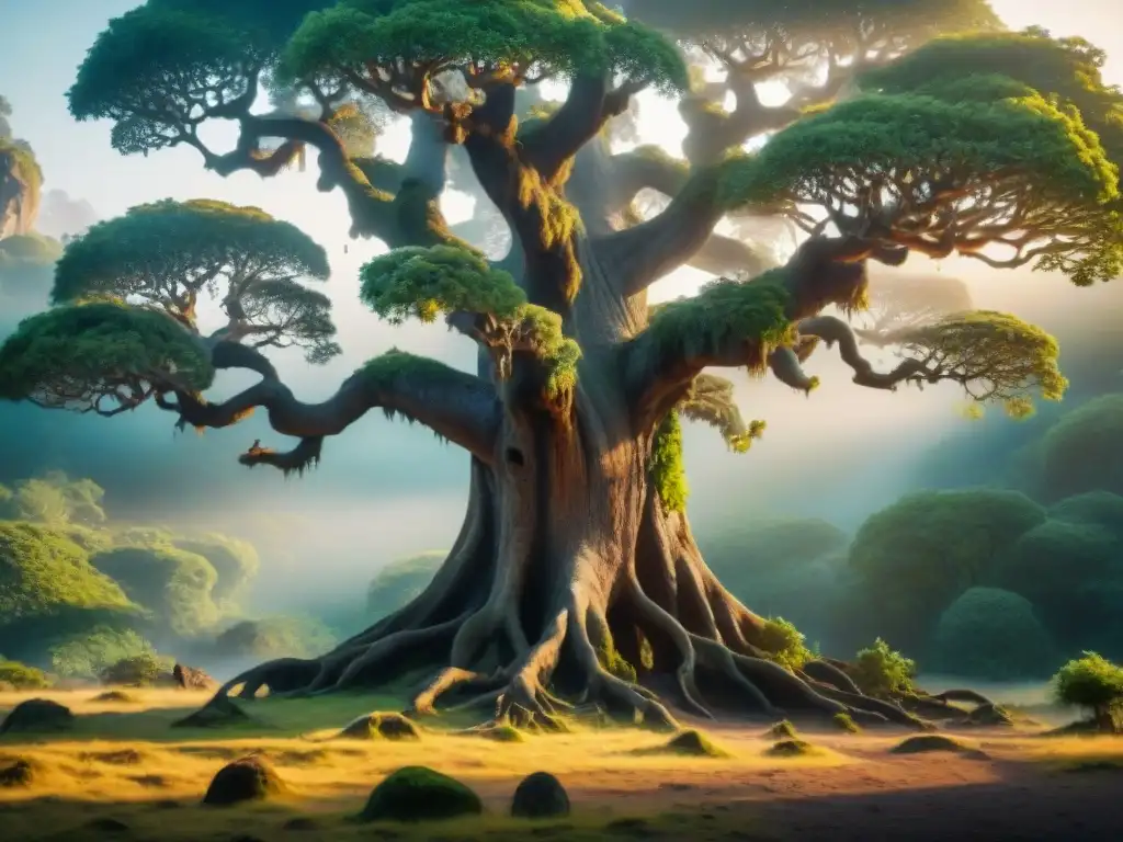 Majestuoso árbol antiguo con raíces cristalinas, seres mágicos y bosque místico al atardecer