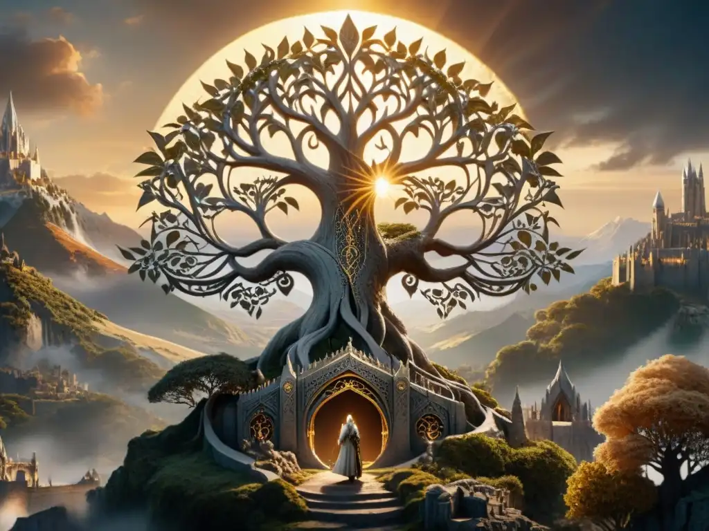 El majestuoso Árbol Blanco de Gondor en Minas Tirith, símbolo de esperanza y fe en un universo ficticio de prácticas religiosas