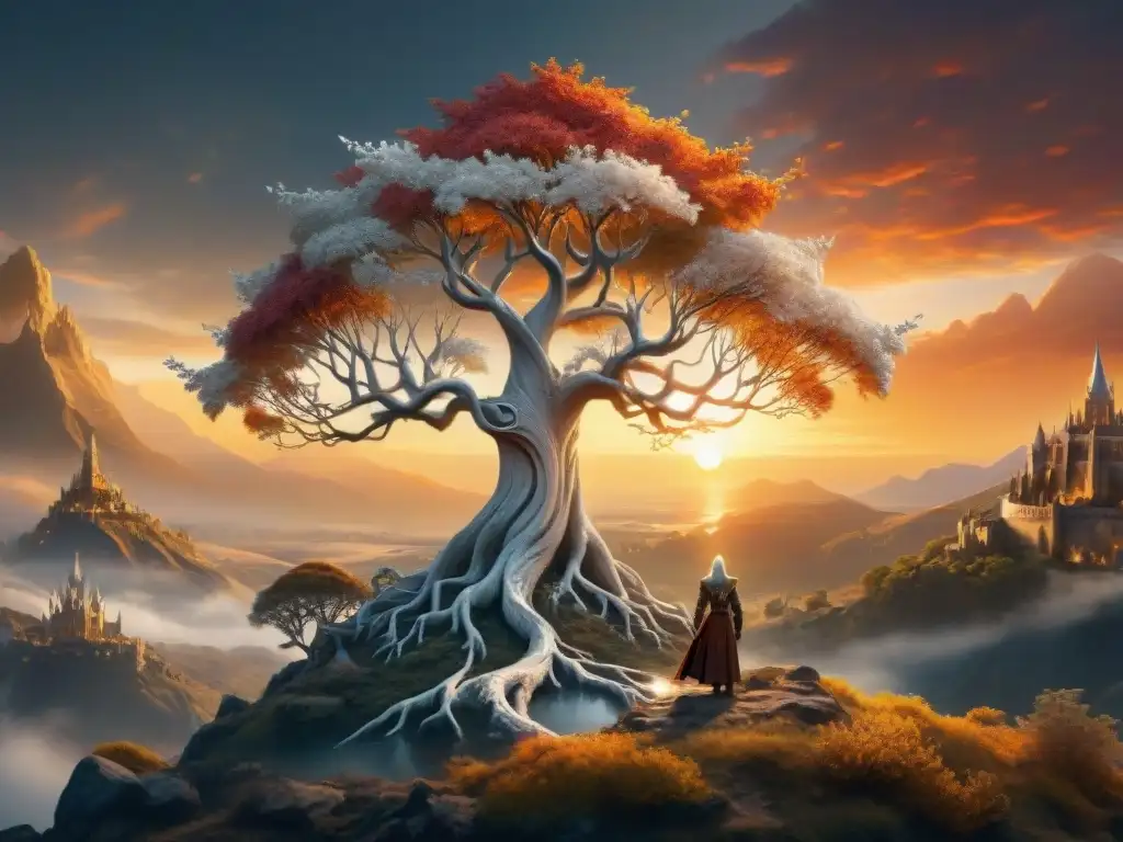 El majestuoso Árbol Blanco de Gondor se alza firme ante un atardecer de fuego, evocando la mitología en universo Tolkien