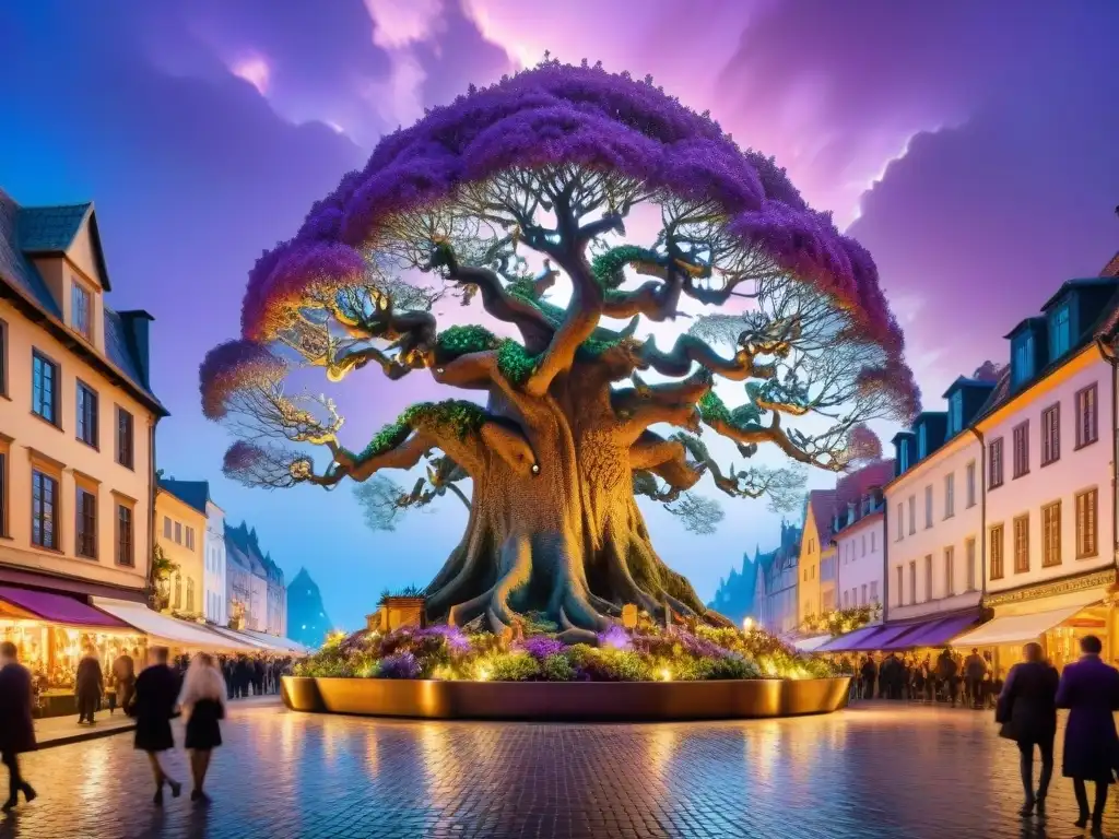 Un majestuoso árbol con hojas iridiscentes en una ciudad fantástica