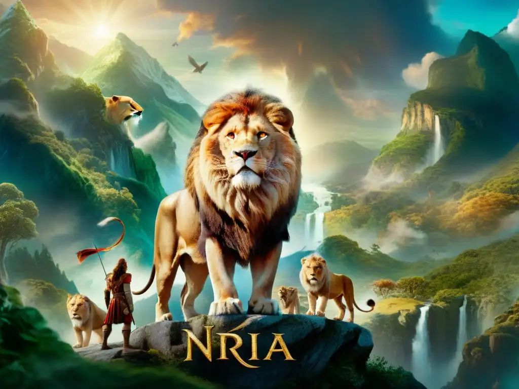 Un majestuoso Aslan en Narnia, rodeado de criaturas, simbolizando Economías en conflicto en Narnia