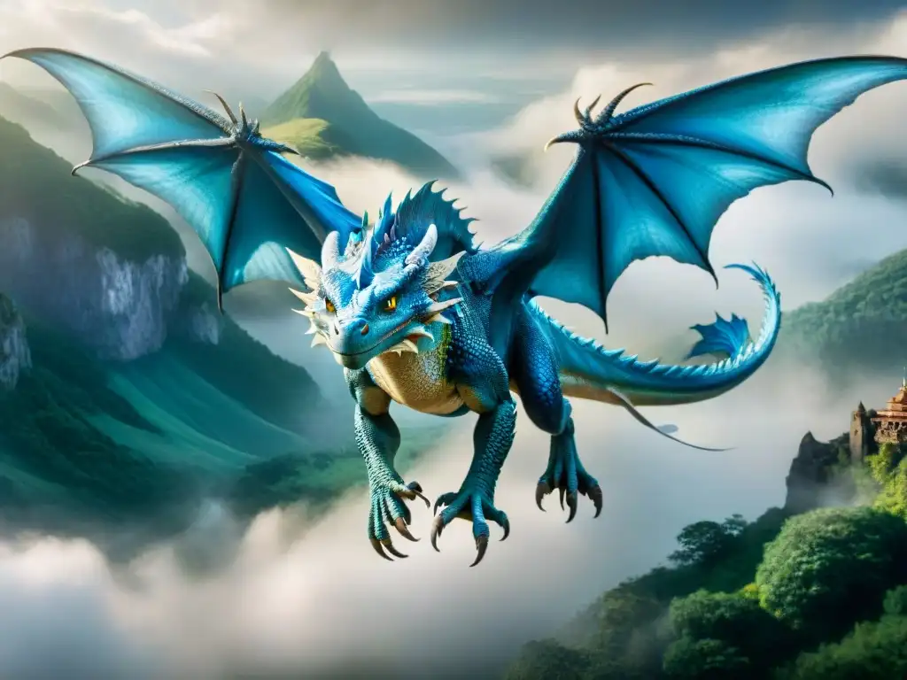 Un majestuoso dragón azul, Saphira, surca los cielos entre nubes, con sus escamas brillantes al sol y alas poderosas extendidas, evocando asombro