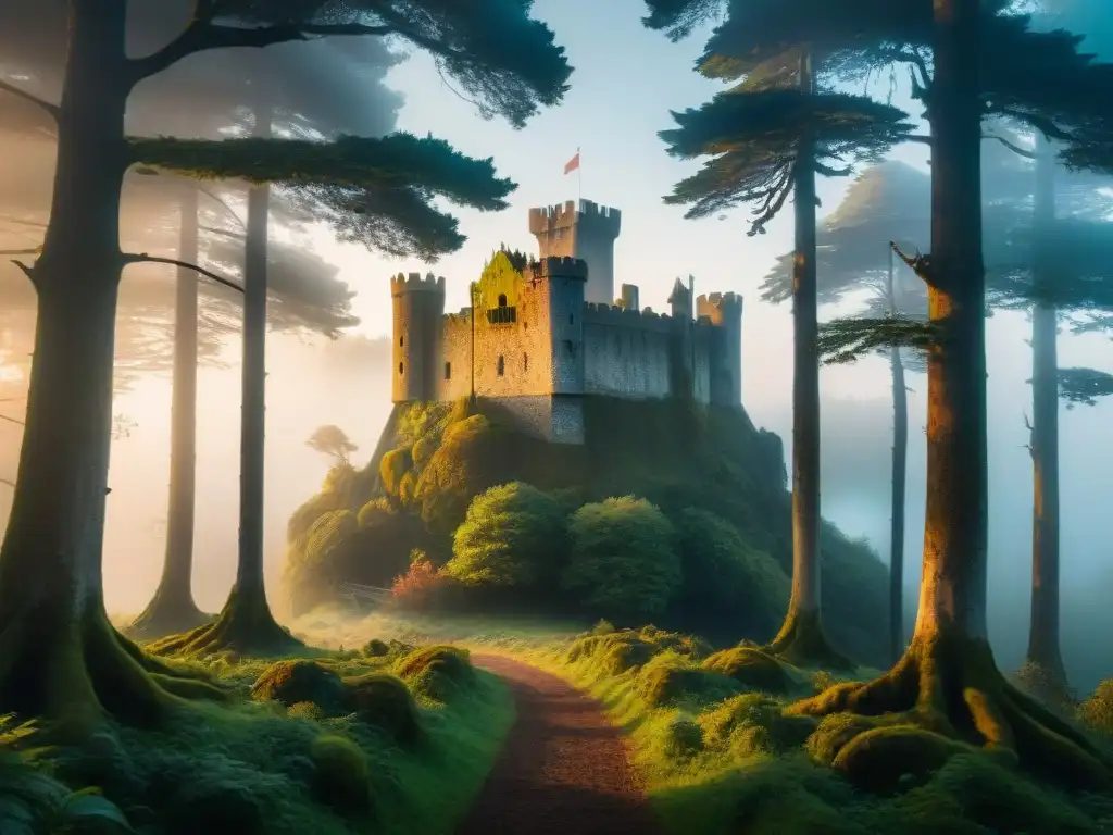 Majestuoso bosque antiguo con aura mágica y misteriosa, evocando la búsqueda de la ubicación geográfica de Camelot