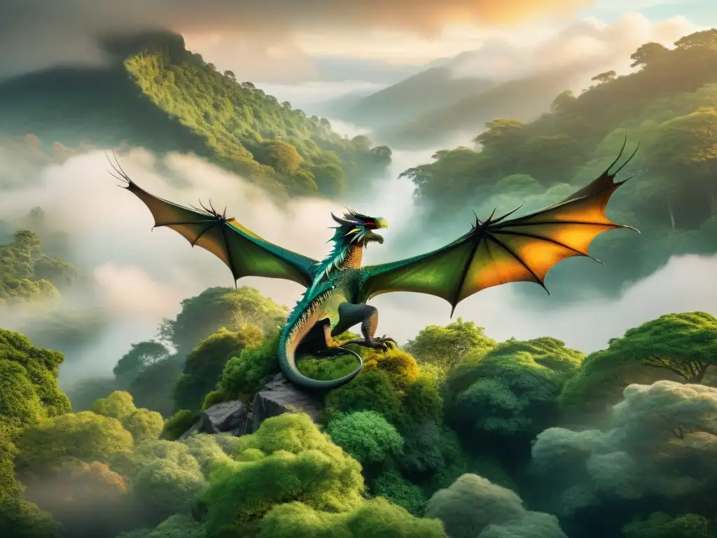 Dragón majestuoso surcando un bosque al atardecer Un majestuoso dragón vuela sobre un bosque al atardecer, reflejando un aura de magia y misterio