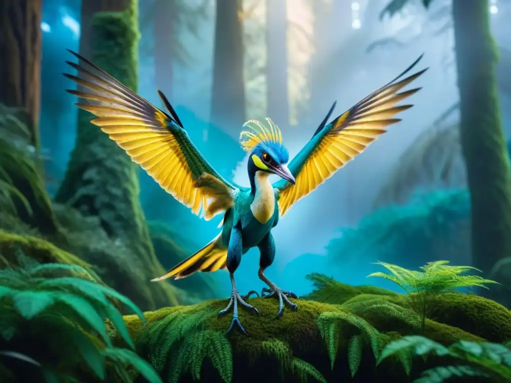 Un majestuoso Leonopteryx surcando un bosque bioluminiscente, evocando las mitologías de Pandora y criaturas