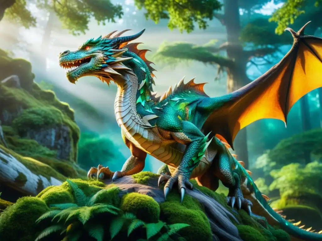 Un majestuoso dragón surca un bosque encantado, criaturas fantásticas realidad aumentada