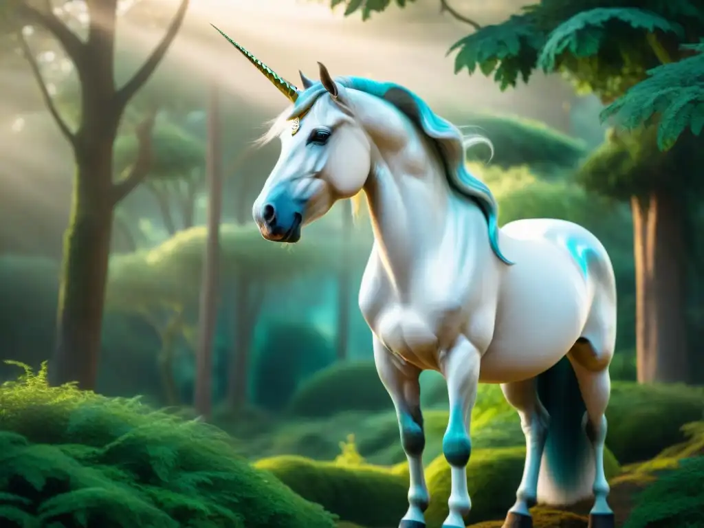 Un majestuoso unicornio persa, 'shadhavar', en un bosque encantado