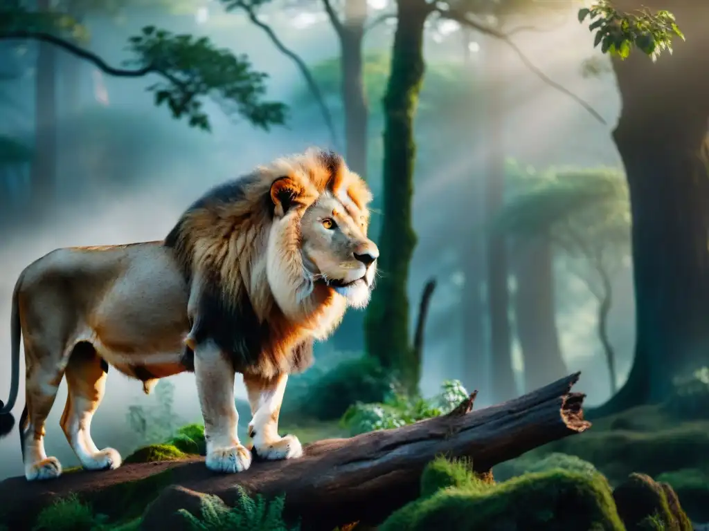 Un león majestuoso en un bosque místico, simbolizando a Aslan, en medio de la Guerra Espiritual en Narnia