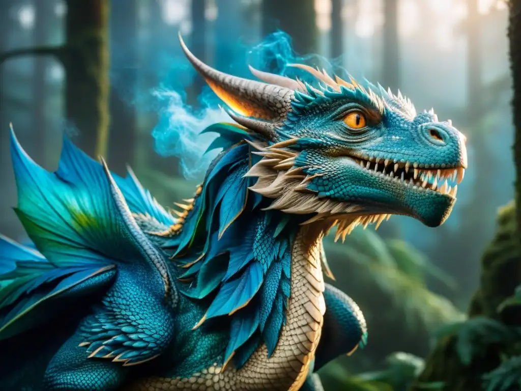 Un majestuoso dragón de 'Fantastic Beasts' surca un bosque místico, sus escamas iridiscentes brillan bajo la luna mientras exhala llamas azules