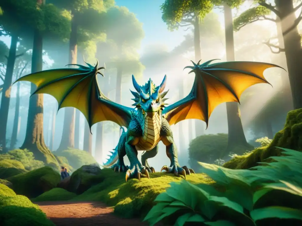 Un majestuoso dragón surca un bosque místico mientras espectadores interactúan con él a través de apps de realidad aumentada