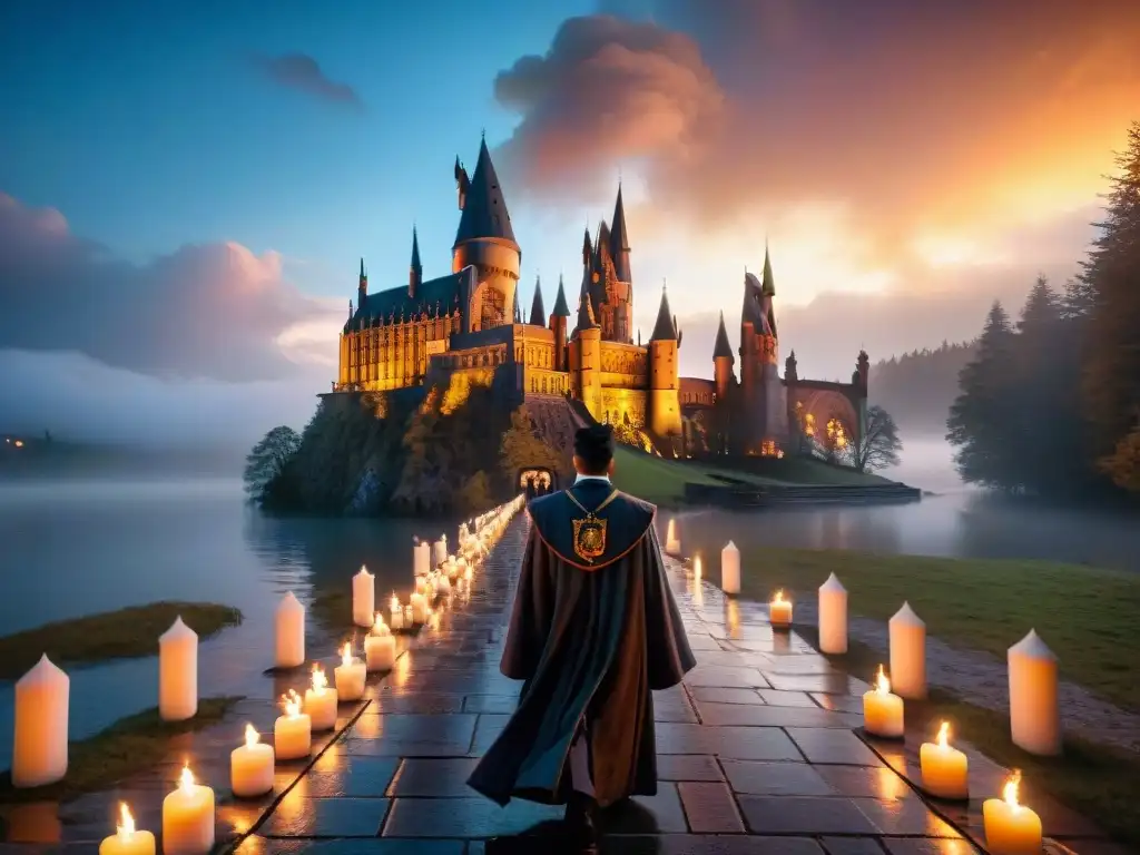 Majestuoso castillo de Hogwarts iluminado por cálidas velas flotantes en la Gran Sala