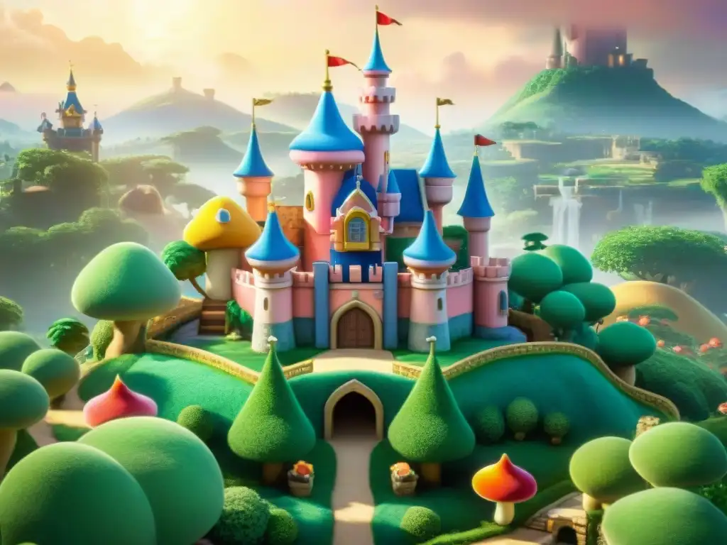 El majestuoso castillo de la Princesa Peach en el corazón del Reino Champiñón, rodeado de coloridas casas de Toad y senderos serpenteantes