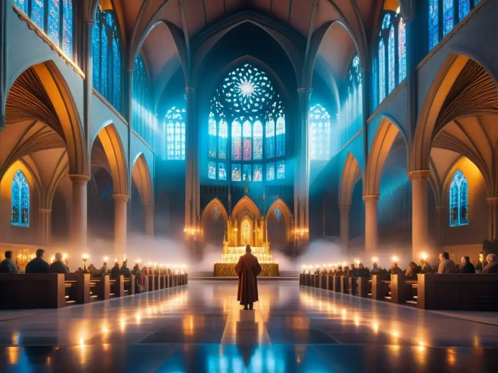 Un majestuoso catedral rodeado de criaturas míticas, simbolizando religiones en mundos ficticios