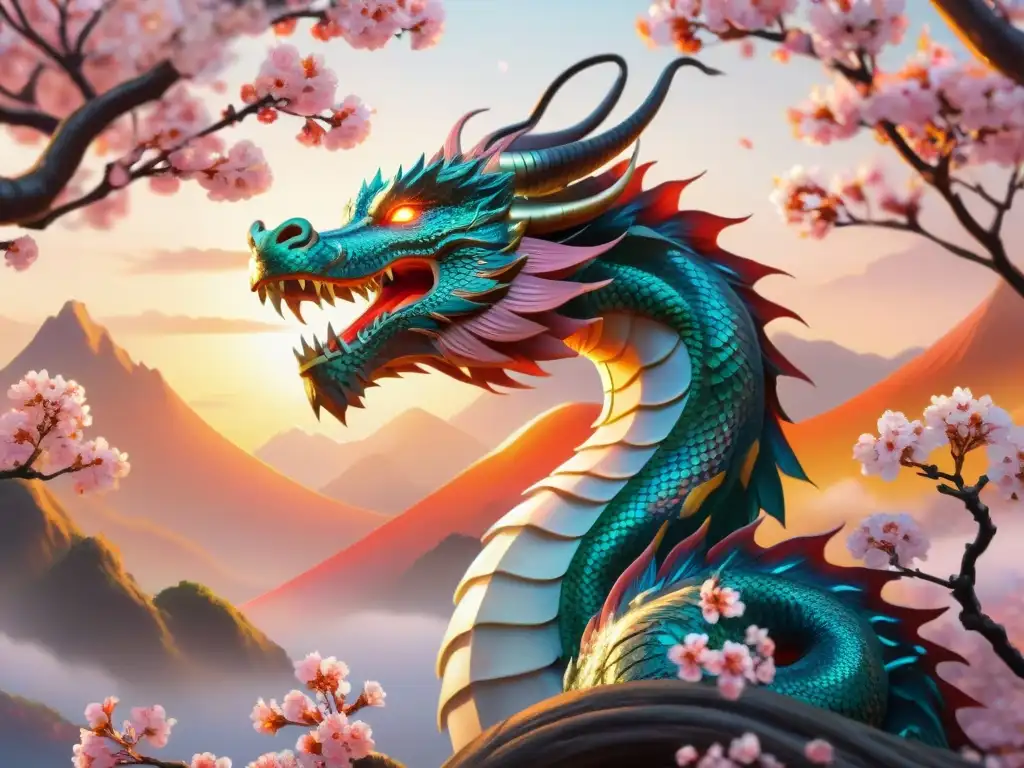 Un majestuoso dragón rodea un cerezo en flor al atardecer en un paisaje japonés, reflejando la influencia de la mitología japonesa en el anime