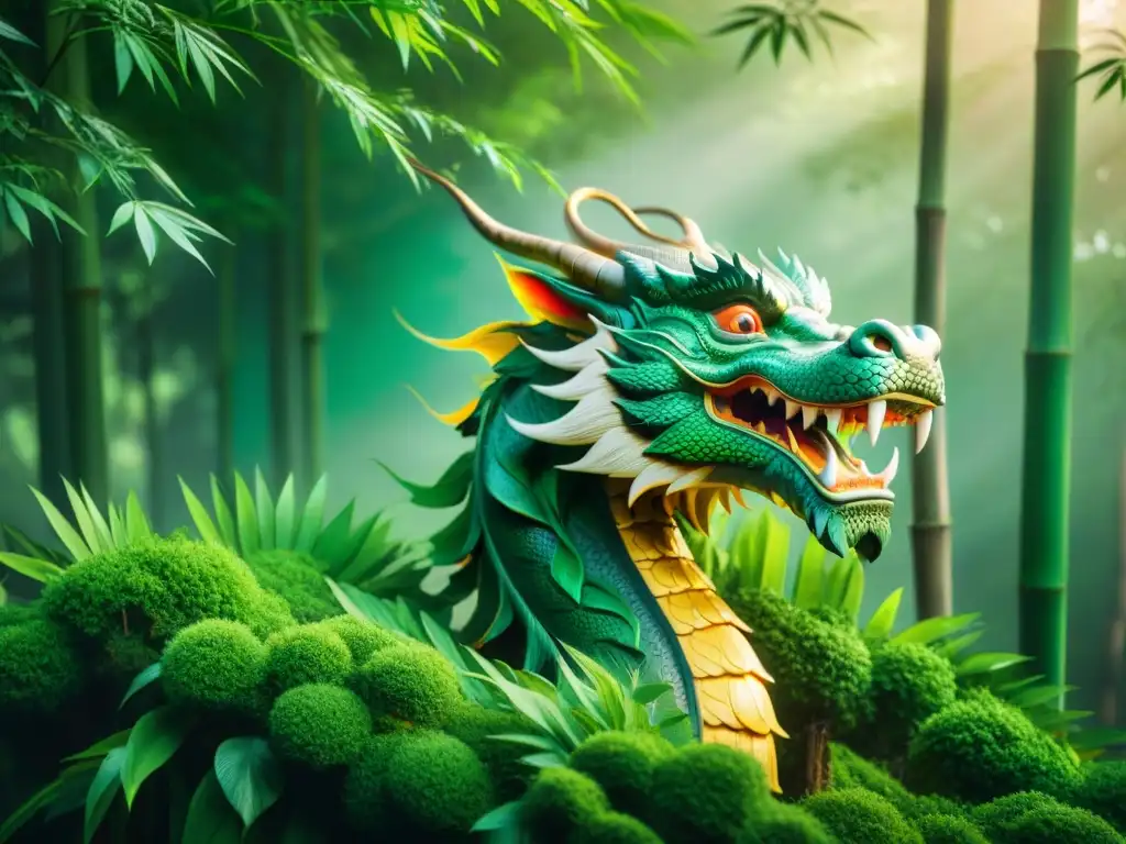 Un majestuoso dragón chino serpentea entre un bosque de bambú, evocando la mística y la evolución de los dragones chinos