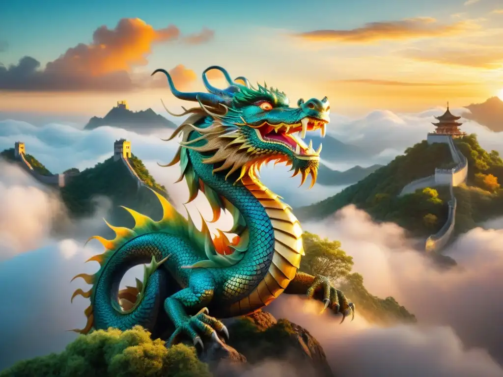 Un majestuoso dragón chino surcando un paisaje vibrante y místico, inspirado en la influencia mitológica china y la magia de Juego de Tronos