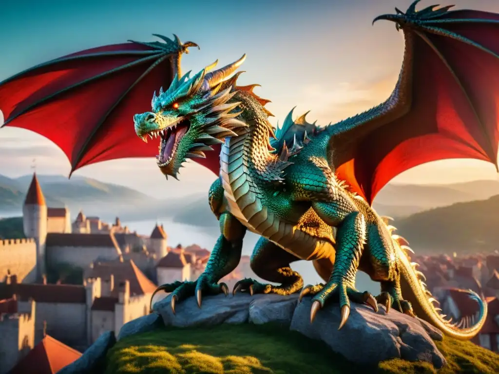 Un majestuoso dragón surca el cielo carmesí, sus escamas brillan bajo el sol