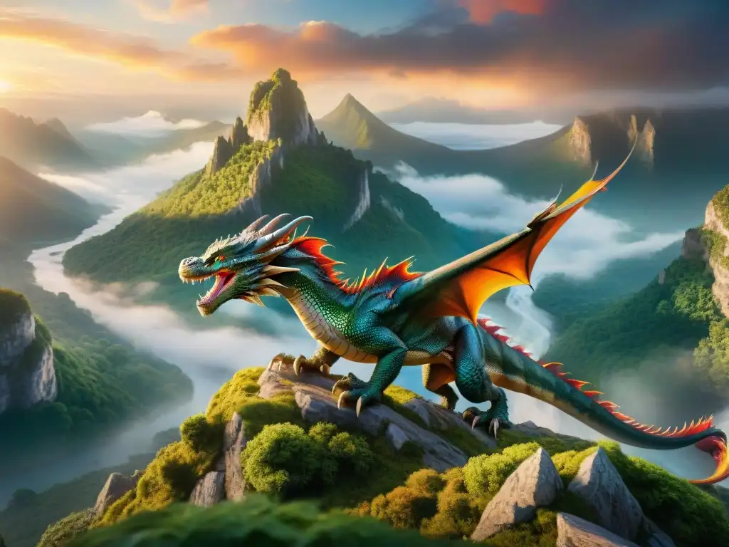 Un majestuoso dragón surca el cielo colorido, se sumerge hacia una montaña