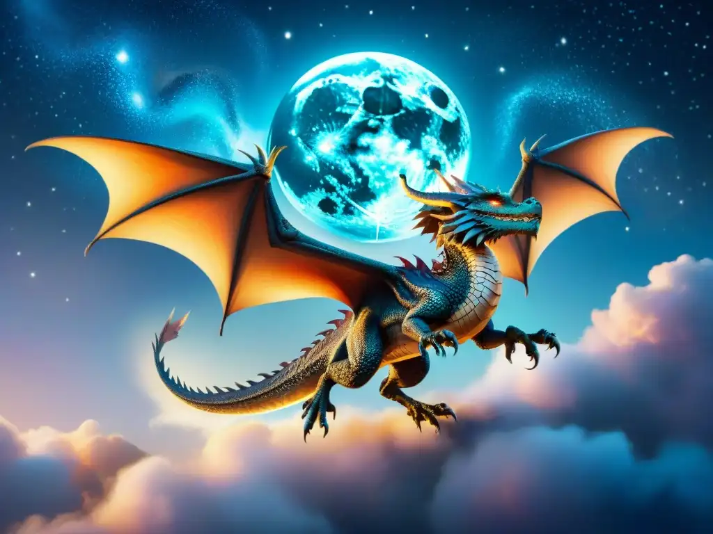 Un majestuoso dragón surca un cielo místico y vibrante, iluminado por la luna llena