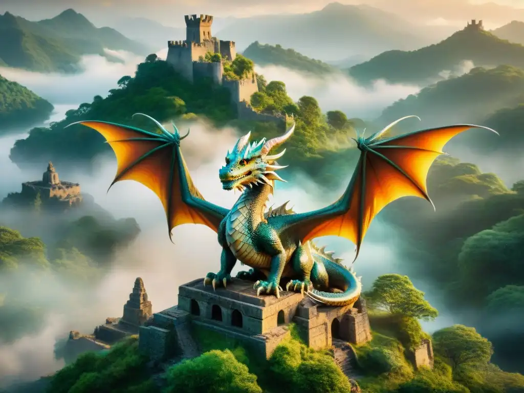 Un majestuoso dragón surca el cielo en un paisaje místico, evocando mitologías de criaturas en universos ficticios