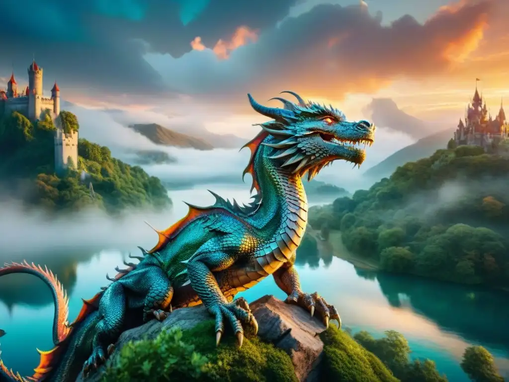 Un majestuoso dragón surcando el cielo en un paisaje de fantasía, evocando la evolución dragones en televisión