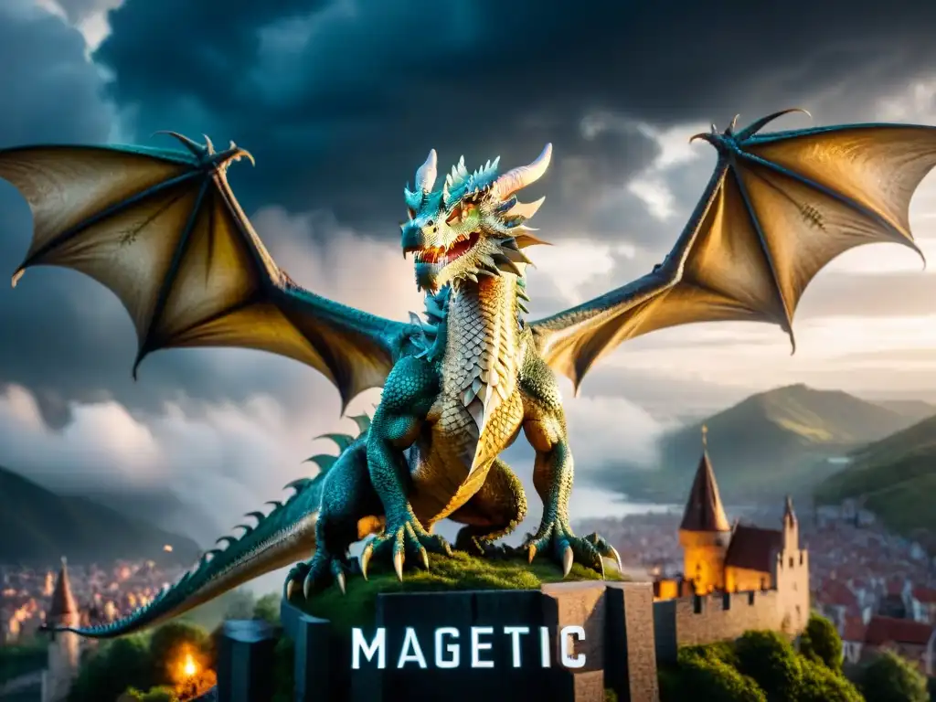 Dragón majestuoso surca cielo tormentoso sobre ciudad medieval