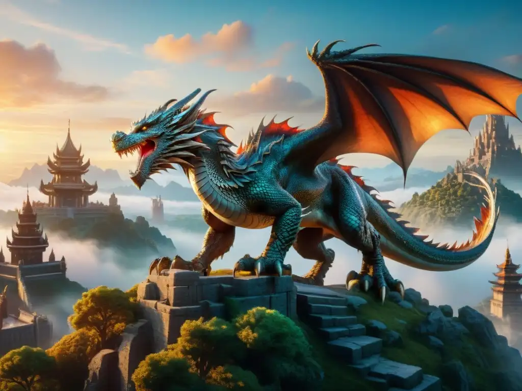 Un majestuoso dragón surca un cielo vibrante sobre una ciudad antigua, con aventureros listos para la búsqueda