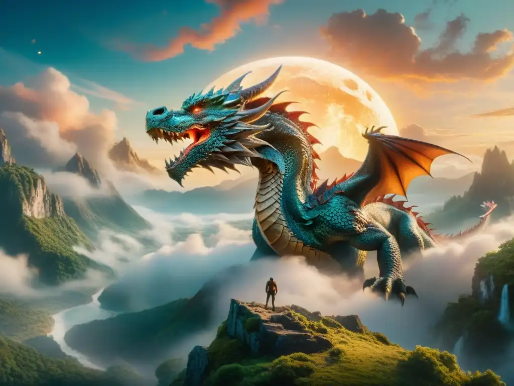 Un majestuoso dragón surca un cielo vibrante y mágico, en una reinterpretación de criaturas míticas en la era moderna