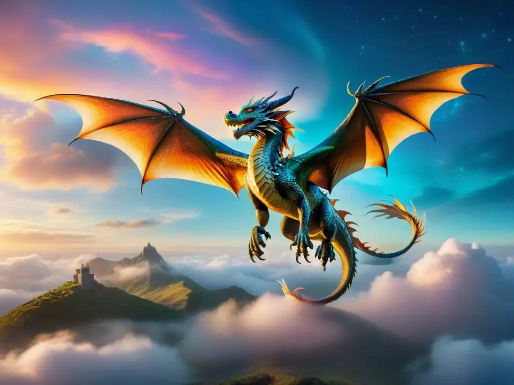 Un majestuoso dragón surca un cielo vibrante y místico, irradiando sabiduría ancestral y poder, evocando asombro y admiración